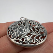 Load image into Gallery viewer, Back View of Vintage Sterling Silver Round Filigree Pendant with 925 Hallmark
