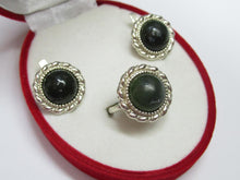 Load image into Gallery viewer, Side View of Vintage Sterling Silver Jade Ring and Earrings Set
