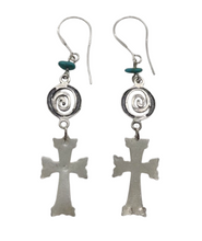 Load image into Gallery viewer, Close-up of Vintage 875 Sterling Silver Turquoise Cross Dangle Earrings
