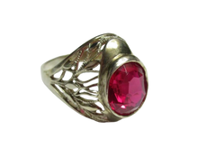 Load image into Gallery viewer, Side View of Vintage Soviet 875 Sterling Silver Filigree Ring featuring Oval Ruby and Leaf Openwork

