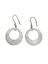 Load image into Gallery viewer, Close-up of Open Circle Filigree with Small Amethyst on Vintage 875 Silver Earrings
