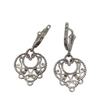 Load image into Gallery viewer, Close-up of Vintage 925 Sterling Silver Filigree Heart Dangle Earrings
