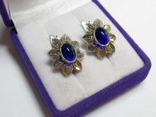 Load image into Gallery viewer, Vintage Russian Soviet sterling silver earrings with sapphire accents, women's jewelry featuring intricate design and craftsmanship.
