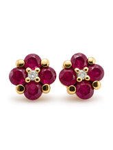 Load image into Gallery viewer, Close-up of Natural Ruby Cluster with Central Diamond on Vintage 14K Rose Gold Stud Earrings
