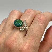 Load image into Gallery viewer, Antique Russian 84 silver ring with natural turquoise cabochon, size 13.5, featuring intricate silverwork and a bold statement design.
