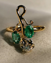 Load image into Gallery viewer, Antique Imperial 56 Gold Ring with Natural Emeralds &amp; Old-Cut Diamond Size 8.5
