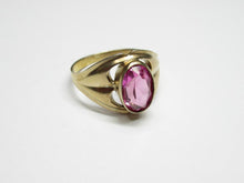 Load image into Gallery viewer, Vintage 875 silver gilt amethyst ring on a white surface, showing the oval bezel, curved open sides and tapered band.
