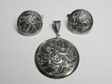 Load image into Gallery viewer, Side View of Vintage Sterling Silver Floral Scroll Filigree Pendant and Earrings Set
