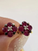 Load image into Gallery viewer, Side View of Vintage 14K Red Gold Ruby Diamond Flower Stud Earrings with Screw Backs
