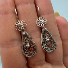 Load image into Gallery viewer, Intricate Floral Filigree Pattern on Vintage Sterling Silver Teardrop Earrings
