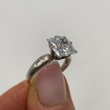 Load image into Gallery viewer, Sterling silver square cut cubic zirconia statement ring with size 8, featuring a bold geometric design by Fezba Market.
