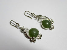 Load image into Gallery viewer, Vintage Russian earrings in sterling silver 925 with jade accents, women's jewelry featuring intricate design, weighs 12.19 grams.
