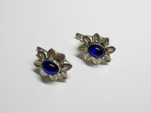 Load image into Gallery viewer, Vintage Russian Soviet sterling silver earrings with sapphires, women's jewelry featuring intricate design and blue gemstone accents.
