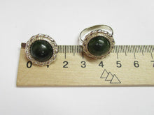 Load image into Gallery viewer, Handcrafted Vintage 925 Silver Ring and Earrings with Deep Green Jade Cabochons
