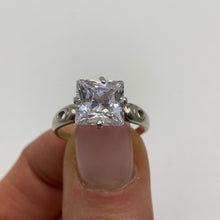 Load image into Gallery viewer, Vintage 925 sterling silver square cut cubic zirconia statement ring, size 8, with a bold, elegant design.
