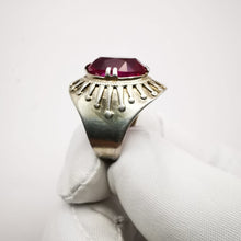 Load image into Gallery viewer, Vintage USSR sterling silver ruby statement ring for women, size 6, featuring intricate design and bold gemstone setting.
