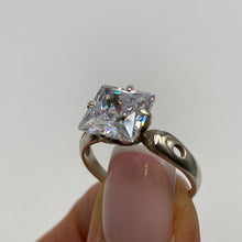 Load image into Gallery viewer, Vintage 925 Sterling Silver statement ring with square cut cubic zirconia, size 8, featuring a bold design.
