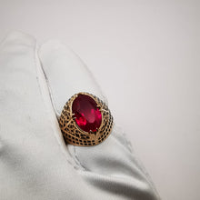 Load image into Gallery viewer, Vintage Soviet Rose Gold Ring with Lattice Filigree Shoulders and Oval Ruby
