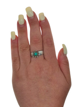 Load image into Gallery viewer, Antique Imperial USSR silver ring featuring a natural green chrysoprase floral design, size 10.75, by Fezba Market.
