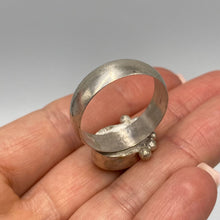 Load image into Gallery viewer, Antique Russian silver ring with a large natural turquoise cabochon, size 13.5, featuring intricate silver detailing.
