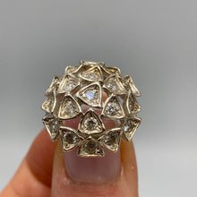 Load image into Gallery viewer, Vintage 925 sterling silver CZ cluster dome ring with trilliant cut stones, size 6.5, by Fezba Market.
