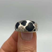 Load image into Gallery viewer, Vintage 925 sterling silver enamel CZ statement ring, band size 8.5, featuring colorful enamel accents and intricate silver detailing.
