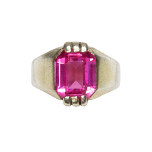 Load image into Gallery viewer, Vintage 875 silver gilt ring with an emerald-cut pink amethyst, broad shoulders and geometric setting on white.

