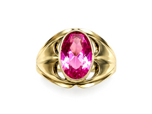 Load image into Gallery viewer, Vintage Soviet 875 silver gilt ring with an oval pink amethyst, bezel setting and broad curved shoulders on white.
