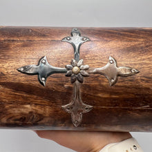 Load image into Gallery viewer, Vintage carved wood treasure chest jewelry box set with rustic inlay details, perfect for storage and display.
