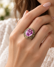 Load image into Gallery viewer, Vintage USSR 875 Silver Amethyst Statement Ring – Large Oval Pink Gemstone, Wide Filigree Band, Size 6.5
