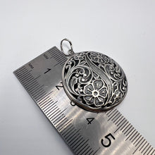 Load image into Gallery viewer, Vintage 925 Sterling Silver filigree round floral pendant necklace charm with intricate design, crafted by Fezba Market.
