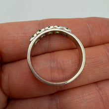 Load image into Gallery viewer, Vintage 925 Sterling Silver Peridot eternity ring with green gemstones, size 9.5, featuring an intricate band design.
