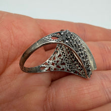 Load image into Gallery viewer, Vintage 925 sterling silver filigree marquise statement ring for women, size 7.25, featuring intricate silver craftsmanship.

