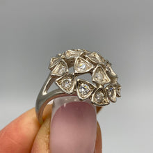 Load image into Gallery viewer, Vintage 925 Sterling Silver CZ cluster dome ring with trilliant cut design, size 6.5, featuring intricate silver detailing.
