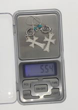 Load image into Gallery viewer, Vintage sterling silver turquoise cross dangle earrings with boho style, handmade by Fezba Market.
