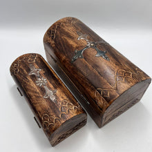 Load image into Gallery viewer, Vintage carved wood jewelry chest set with rustic inlay, ornate treasure boxes for storage and organization by Fezba Market
