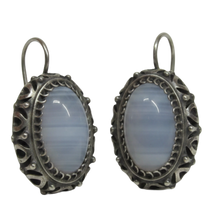 Load image into Gallery viewer, Elegant vintage sterling silver drop earrings featuring natural white agate cabochons
