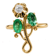 Load image into Gallery viewer, Antique Imperial Russian 56 Gold Ring with Natural Emeralds and Old-Cut Diamond Size 8.5
