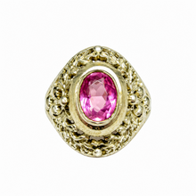 Load image into Gallery viewer, Vintage Soviet 875 silver gilt ring with an oval pink amethyst, wide bezel and leafy filigree surround on white.
