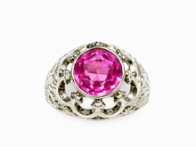 Load image into Gallery viewer, Vintage Soviet 875 silver ring with a round pink amethyst, scalloped openwork frame and engraved leaf shoulders on white.
