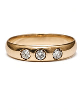 Load image into Gallery viewer, Vintage 14K Gold Three Diamond Band Ring 0.18ct Natural Diamonds Size 6.5 with European Engraving
