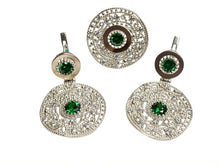 Load image into Gallery viewer, Vintage 925 Sterling Silver and 9K Gold Filigree Green CZ Ring and Earrings Set Size 6.5
