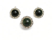 Load image into Gallery viewer, Vintage 925 Sterling Silver Natural Jade Ring and Earrings Set with Dark Green Cabochons Size 7.25
