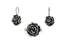Load image into Gallery viewer, Vintage 925 Sterling Silver Oxidized Rose Ring and Earrings Set Size 7.25
