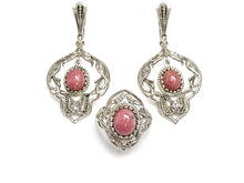 Load image into Gallery viewer, Vintage 925 Sterling Silver Rhodonite Ring and Earrings Set with Pink Cabochons Size 7.25
