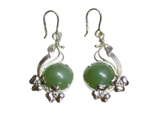 Load image into Gallery viewer, Vintage Russian 925 Sterling Silver Floral Drop Earrings with Green Jade Cabochons
