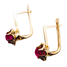 Load image into Gallery viewer, Vintage Soviet 14K Rose Gold Ruby Leverback Earrings with Rosebud Design, 583 Hallmark
