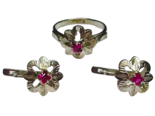 Load image into Gallery viewer, Vintage Soviet 875 Sterling Silver Ruby Jewelry Set with Floral Ring and Matching Earrings
