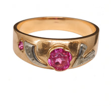 Load image into Gallery viewer, Vintage Soviet USSR 14K 585 Gold Ruby Ring Two-Tone Geometric Design Size 8.5
