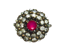 Load image into Gallery viewer, Vintage Unusual 925 Sterling Silver Cluster Ring with Central Ruby and Clear Stones Size 9.5
